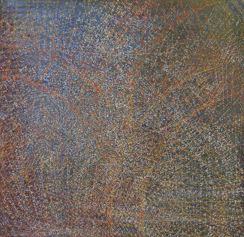 Tailor of time I, acrylique et crayon de couleur sur toile,130x133 cm, 2023